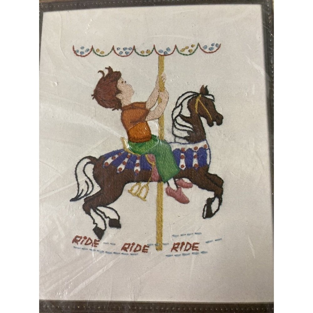Vintage 1974 Crewel Kit  Pauline Denham Ride Ride Ride Carousel Boy New 8x10